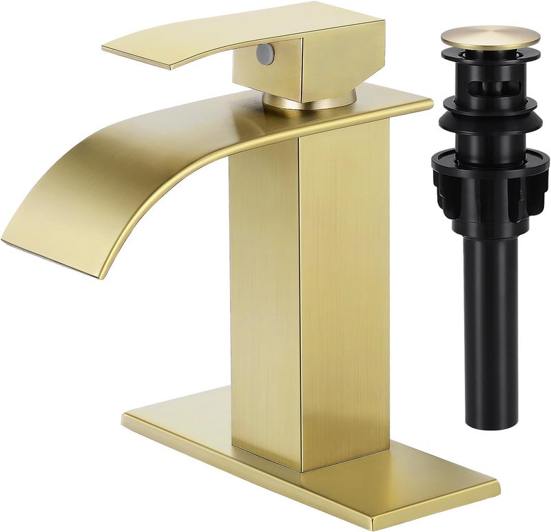 LUFG Bathroom Faucets Brushed Gold Waterfall Bathroom Sink Faucet Modern Single Handle Bathroom Faucet for 1 or 3 Hole Mxier Tap Washbasin Faucet with Deck, Pop-up Drain and Supply Hoses - Image 1